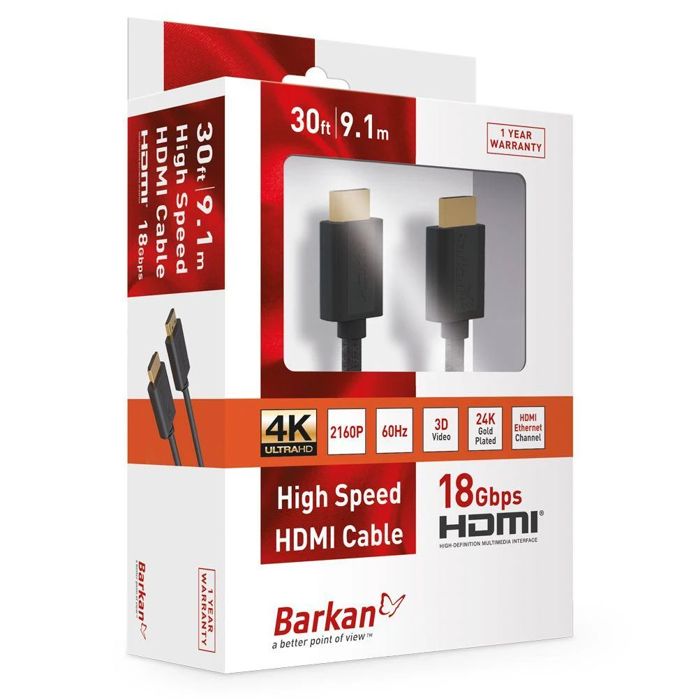 Barkan 30ft High Speed HDMI Cable, 4K Ultra HD, 60Hz, Black by Barkan a Better Point of View 2 Barkan 30ft High Speed HDMI Cable, 4K Ultra HD, 60Hz, Black by Barkan a Better Point of View - Image 2