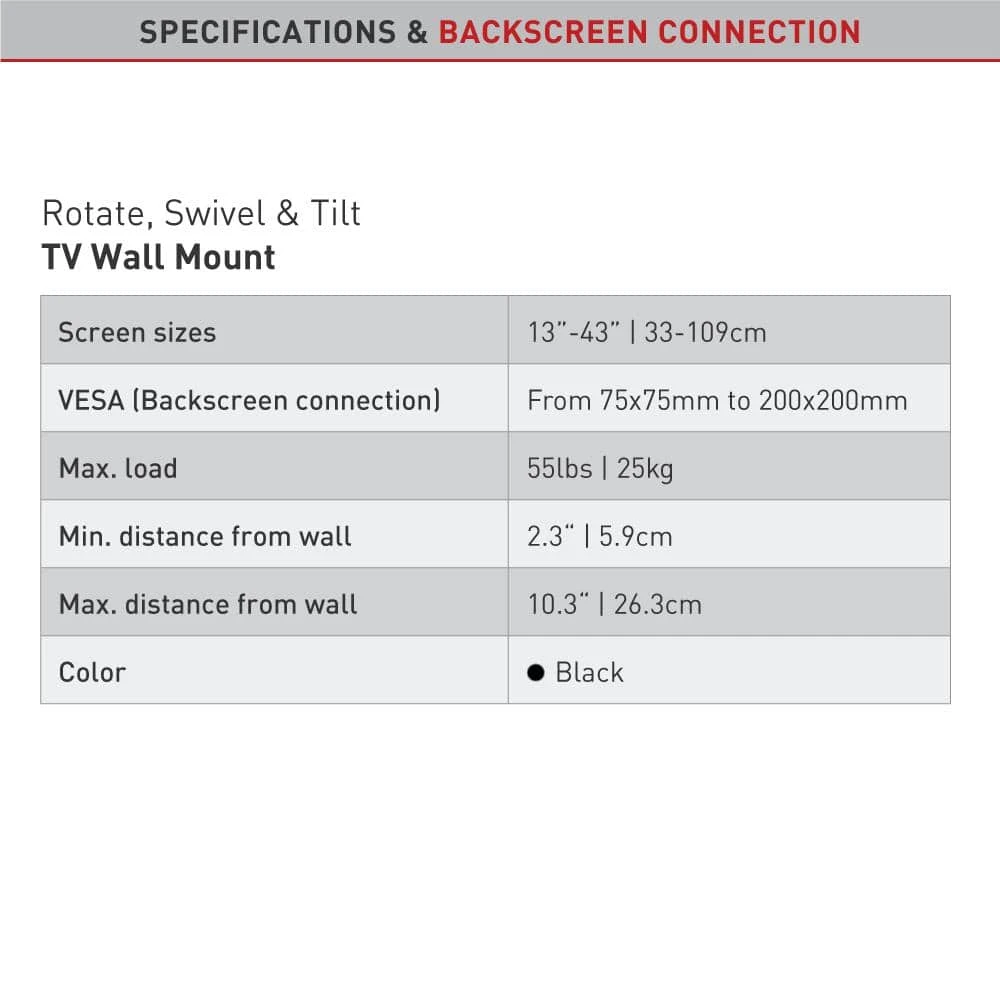 Barkan 13" to 43" Full Motion - 3 Movement Flat / Curved TV Wall Mount, Black, Patented, Touch & Tilt, Screen Leveling by Barkan a Better Point of View 7 Barkan 13" to 43" Full Motion - 3 Movement Flat / Curved TV Wall Mount, Black, Patented, Touch & Tilt, Screen Leveling by Barkan a Better Point of View - Image 7