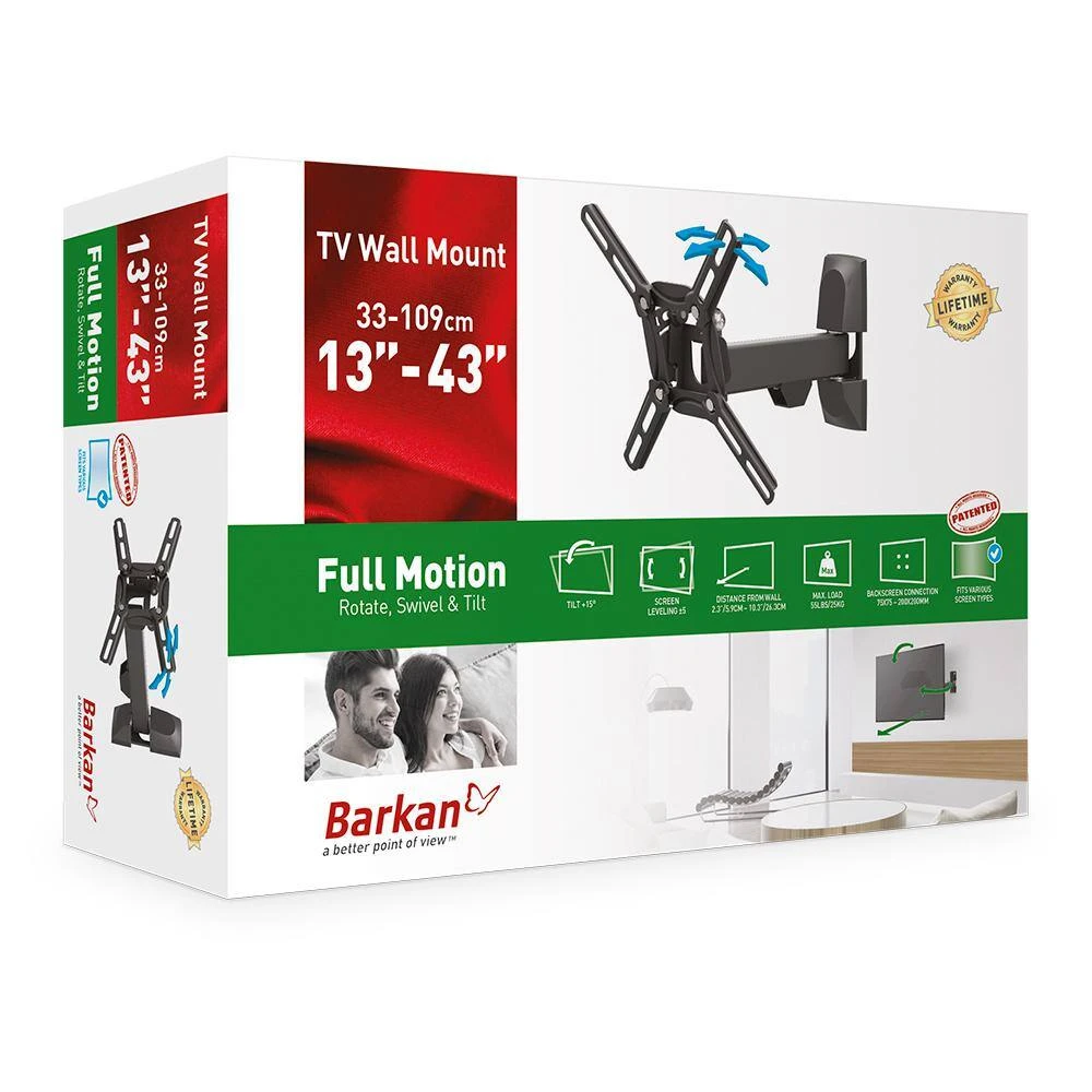 Barkan 13" to 43" Full Motion - 3 Movement Flat / Curved TV Wall Mount, Black, Patented, Touch & Tilt, Screen Leveling by Barkan a Better Point of View 8 Barkan 13" to 43" Full Motion - 3 Movement Flat / Curved TV Wall Mount, Black, Patented, Touch & Tilt, Screen Leveling by Barkan a Better Point of View - Image 8
