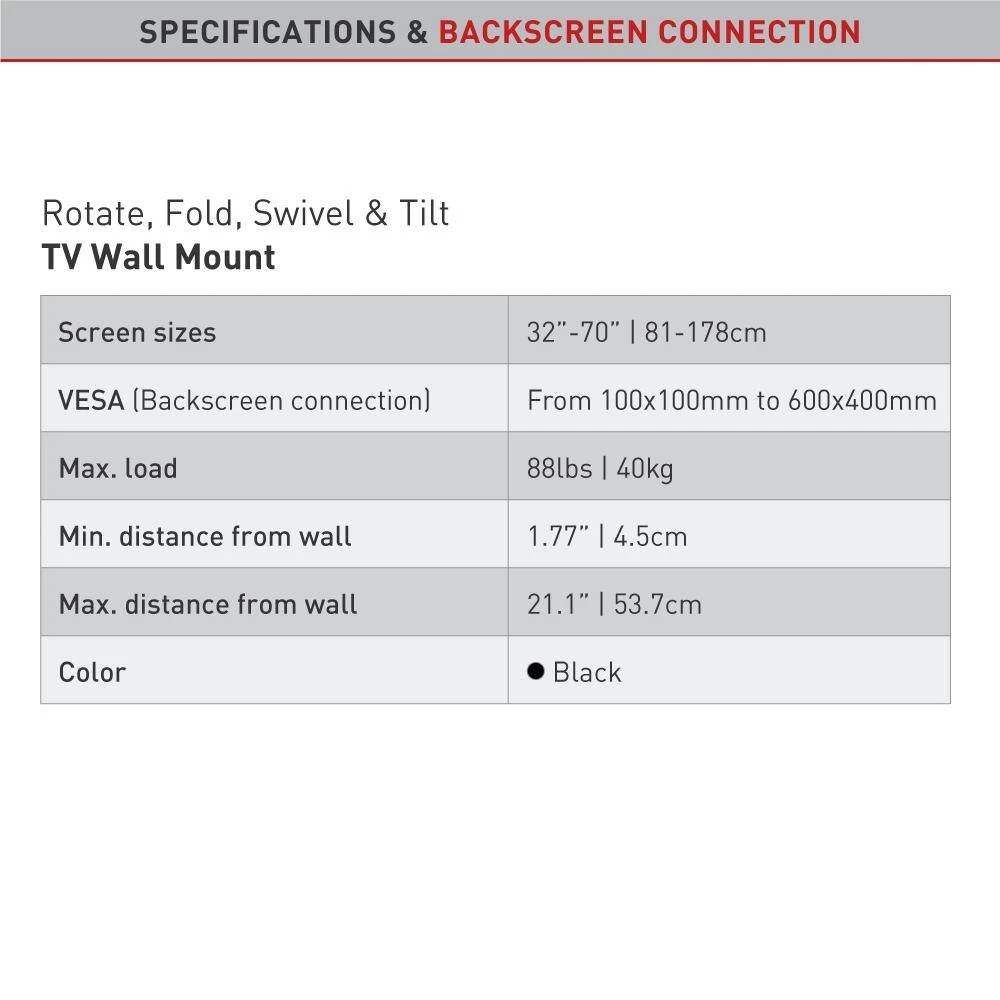 Barkan 32" to 70" Full Motion - 4 Movement Flat / Curved TV Wall Mount, Black, Very Low Profile, Touch & Tilt by Barkan a Better Point of View 7 Barkan 32" to 70" Full Motion - 4 Movement Flat / Curved TV Wall Mount, Black, Very Low Profile, Touch & Tilt by Barkan a Better Point of View - Image 7