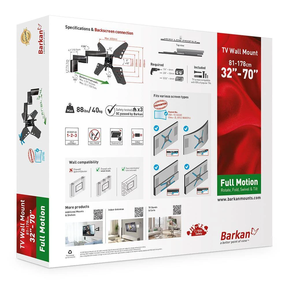 Barkan 32" to 70" Full Motion - 4 Movement Flat / Curved TV Wall Mount, Black, Very Low Profile, Touch & Tilt by Barkan a Better Point of View 9 Barkan 32" to 70" Full Motion - 4 Movement Flat / Curved TV Wall Mount, Black, Very Low Profile, Touch & Tilt by Barkan a Better Point of View - Image 9