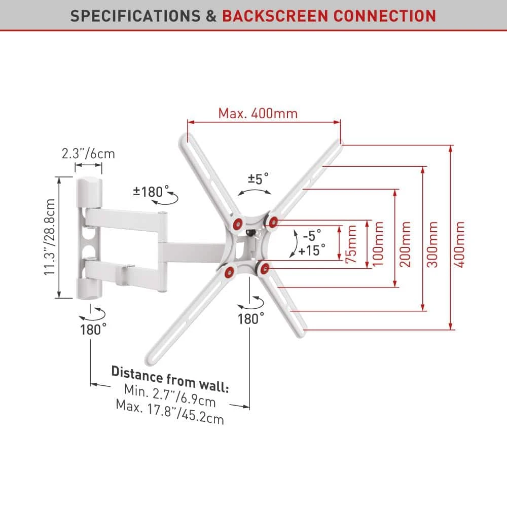 Barkan 13 in. to 65 in. Full Motion - 4 Movement Flat / Curved TV Wall Mount White Patented to Fit Various Screen Types by Barkan a Better Point of View 6 Barkan 13 in. to 65 in. Full Motion - 4 Movement Flat / Curved TV Wall Mount White Patented to Fit Various Screen Types by Barkan a Better Point of View - Image 6