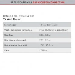 Barkan 13 in. to 65 in. Full Motion - 4 Movement Flat / Curved TV Wall Mount White Patented to Fit Various Screen Types by Barkan a Better Point of View 16 Barkan 13 in. to 65 in. Full Motion - 4 Movement Flat / Curved TV Wall Mount White Patented to Fit Various Screen Types by Barkan a Better Point of View -Electro Gear Shop barkan a better point of view tv mounts 3400w w 44 1000