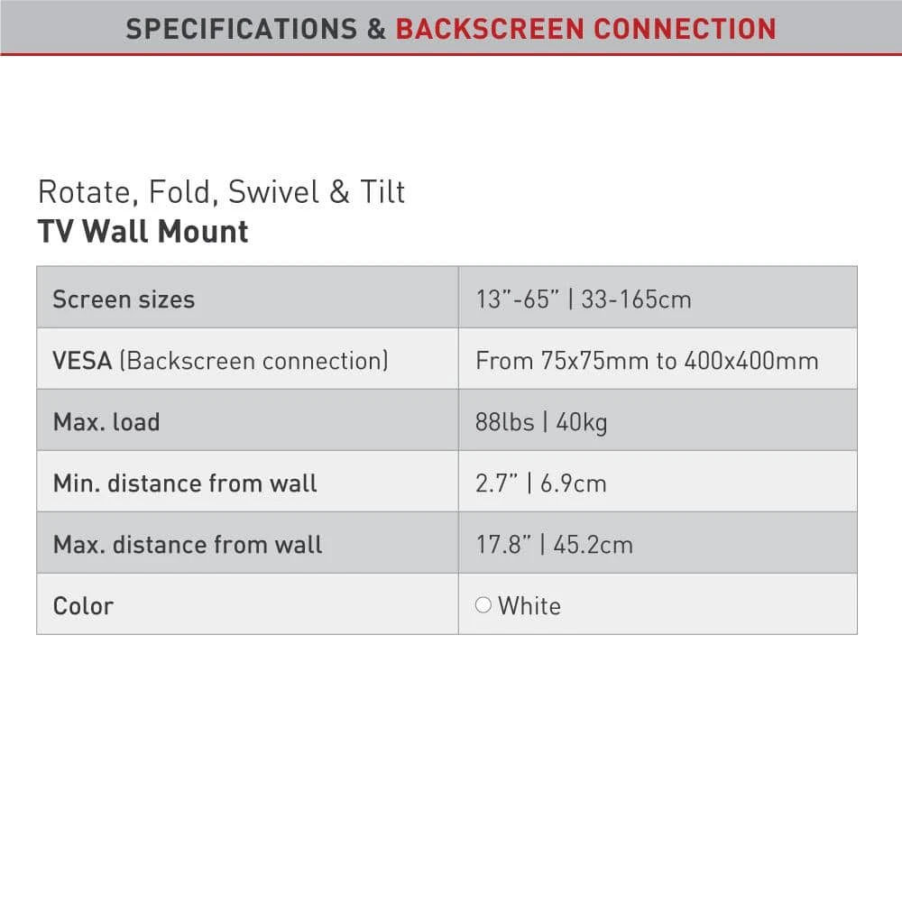 Barkan 13 in. to 65 in. Full Motion - 4 Movement Flat / Curved TV Wall Mount White Patented to Fit Various Screen Types by Barkan a Better Point of View 7 Barkan 13 in. to 65 in. Full Motion - 4 Movement Flat / Curved TV Wall Mount White Patented to Fit Various Screen Types by Barkan a Better Point of View - Image 7