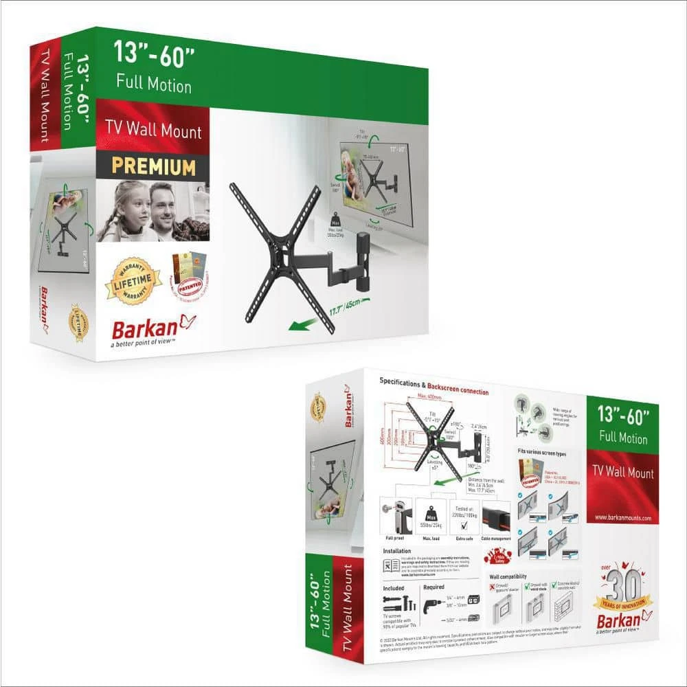 Barkan 29" to 56" Full Motion - 4 Movement Flat / Curved TV Wall Mount, Black, Patented, Touch & Tilt, Screen Leveling by Barkan a Better Point of View 7 Barkan 29" to 56" Full Motion - 4 Movement Flat / Curved TV Wall Mount, Black, Patented, Touch & Tilt, Screen Leveling by Barkan a Better Point of View - Image 7