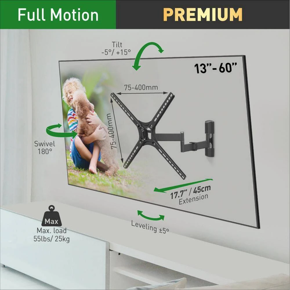 Barkan 29" to 56" Full Motion - 4 Movement Flat / Curved TV Wall Mount, Black, Patented, Touch & Tilt, Screen Leveling by Barkan a Better Point of View 2 Barkan 29" to 56" Full Motion - 4 Movement Flat / Curved TV Wall Mount, Black, Patented, Touch & Tilt, Screen Leveling by Barkan a Better Point of View - Image 2