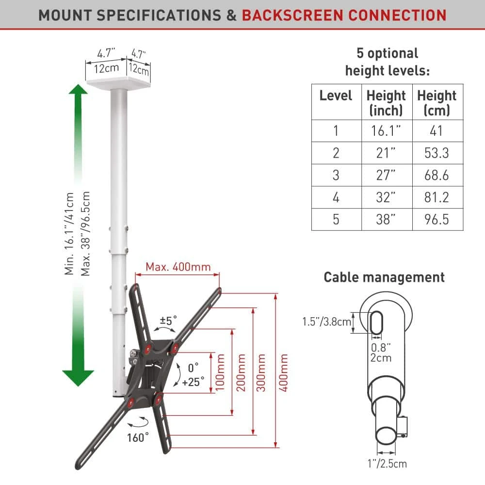 Barkan 29" to 65" Full Motion - 3 Movement Flat / Curved TV Ceiling Mount, White & Black, Telescopic Adjustment by Barkan a Better Point of View 6 Barkan 29" to 65" Full Motion - 3 Movement Flat / Curved TV Ceiling Mount, White & Black, Telescopic Adjustment by Barkan a Better Point of View - Image 6