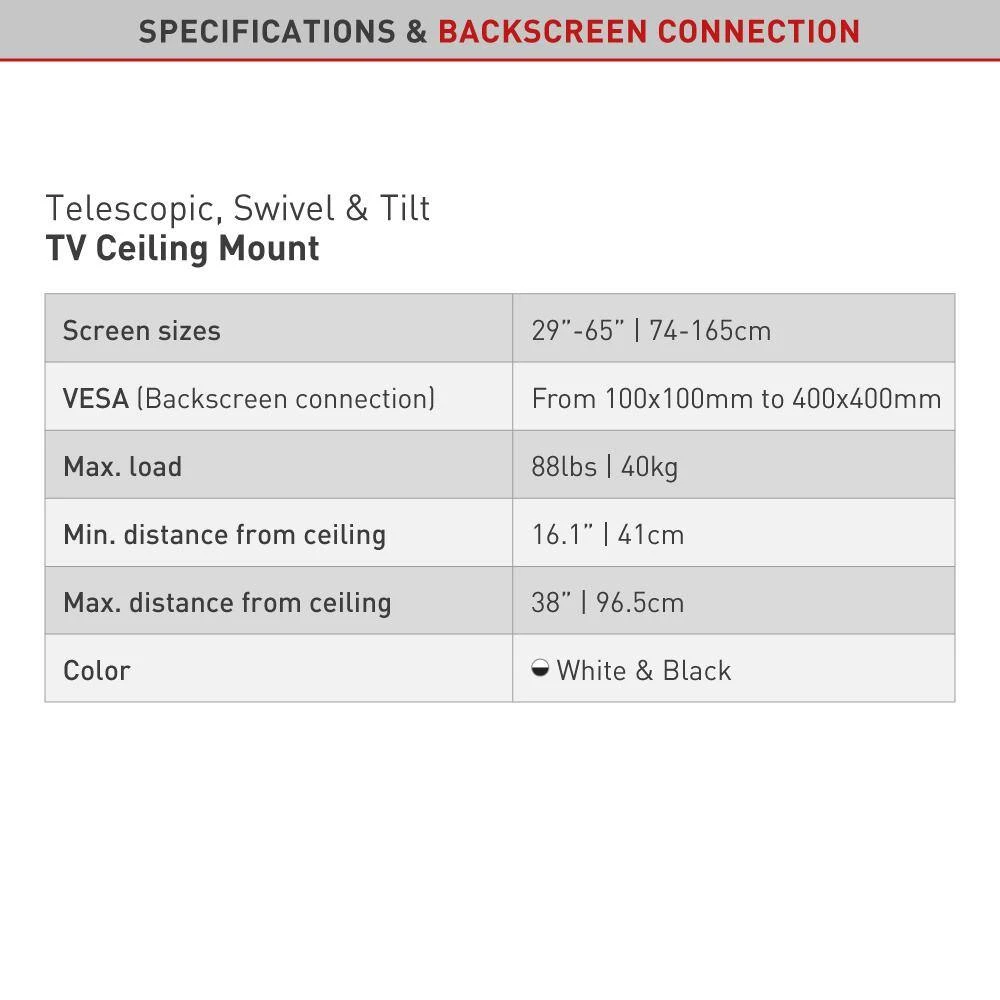 Barkan 29" to 65" Full Motion - 3 Movement Flat / Curved TV Ceiling Mount, White & Black, Telescopic Adjustment by Barkan a Better Point of View 7 Barkan 29" to 65" Full Motion - 3 Movement Flat / Curved TV Ceiling Mount, White & Black, Telescopic Adjustment by Barkan a Better Point of View - Image 7