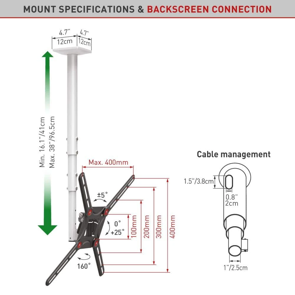Barkan 29 in. to 65 in. Full Motion - 3 Movement Flat / Curved TV Ceiling Mount, White & Black, Telescopic Adjustment by Barkan a Better Point of View 6 Barkan 29 in. to 65 in. Full Motion - 3 Movement Flat / Curved TV Ceiling Mount, White & Black, Telescopic Adjustment by Barkan a Better Point of View - Image 6