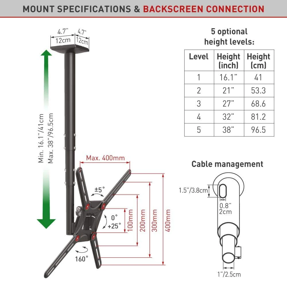 Barkan 29" to 65" Full Motion - 3 Movement Flat/Curved TV Ceiling Mount, White & Black, Telescopic Adjustment by Barkan a Better Point of View 6 Barkan 29" to 65" Full Motion - 3 Movement Flat/Curved TV Ceiling Mount, White & Black, Telescopic Adjustment by Barkan a Better Point of View - Image 6