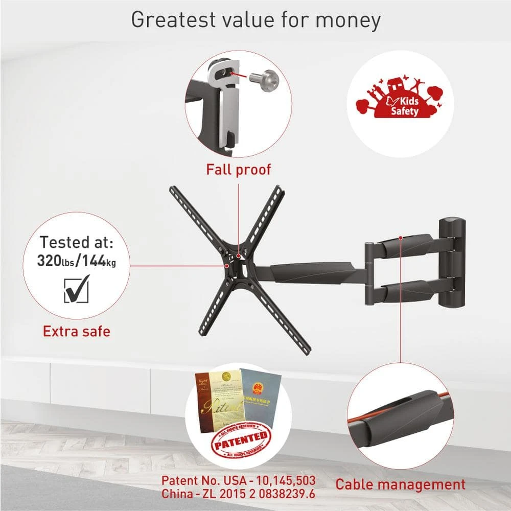 Barkan 13 in. to 65 in. Full Motion 4-Movement Extremely Extendable Extra Long Flat/Curved TV Wall Mount in Black by Barkan a Better Point of View 3 Barkan 13 in. to 65 in. Full Motion 4-Movement Extremely Extendable Extra Long Flat/Curved TV Wall Mount in Black by Barkan a Better Point of View - Image 3