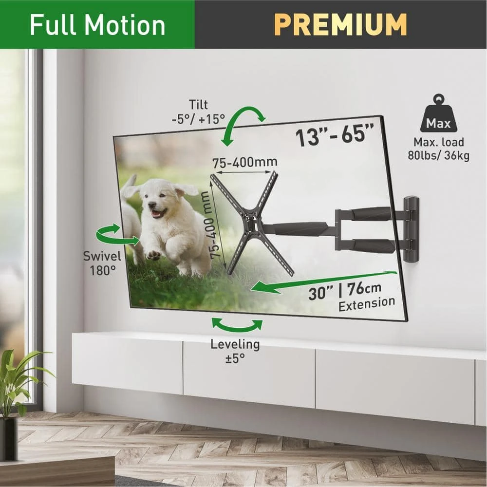 Barkan 13 in. to 65 in. Full Motion 4-Movement Extremely Extendable Extra Long Flat/Curved TV Wall Mount in Black by Barkan a Better Point of View 2 Barkan 13 in. to 65 in. Full Motion 4-Movement Extremely Extendable Extra Long Flat/Curved TV Wall Mount in Black by Barkan a Better Point of View - Image 2