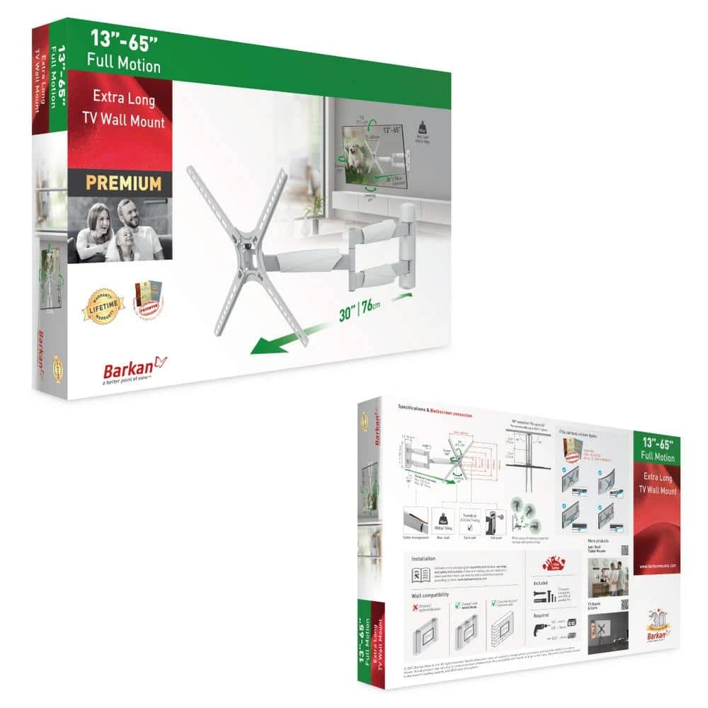 Barkan 13 in. to 65 in. Full Motion - 4 Movement Extra Long Flat/Curved TV Wall Mount in White Extremely Extendable by Barkan a Better Point of View 8 Barkan 13 in. to 65 in. Full Motion - 4 Movement Extra Long Flat/Curved TV Wall Mount in White Extremely Extendable by Barkan a Better Point of View - Image 8