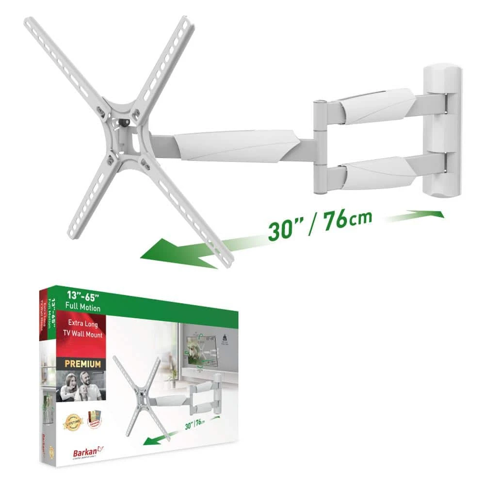 Barkan 13 in. to 65 in. Full Motion - 4 Movement Extra Long Flat/Curved TV Wall Mount in White Extremely Extendable by Barkan a Better Point of View 1 Barkan 13 in. to 65 in. Full Motion - 4 Movement Extra Long Flat/Curved TV Wall Mount in White Extremely Extendable by Barkan a Better Point of View