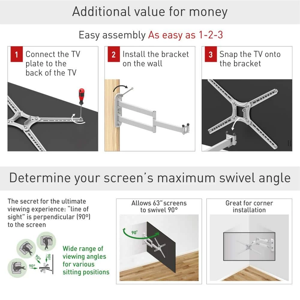 Barkan 13 in. to 65 in. Full Motion - 4 Movement Extra Long Flat/Curved TV Wall Mount in White Extremely Extendable by Barkan a Better Point of View 4 Barkan 13 in. to 65 in. Full Motion - 4 Movement Extra Long Flat/Curved TV Wall Mount in White Extremely Extendable by Barkan a Better Point of View - Image 4