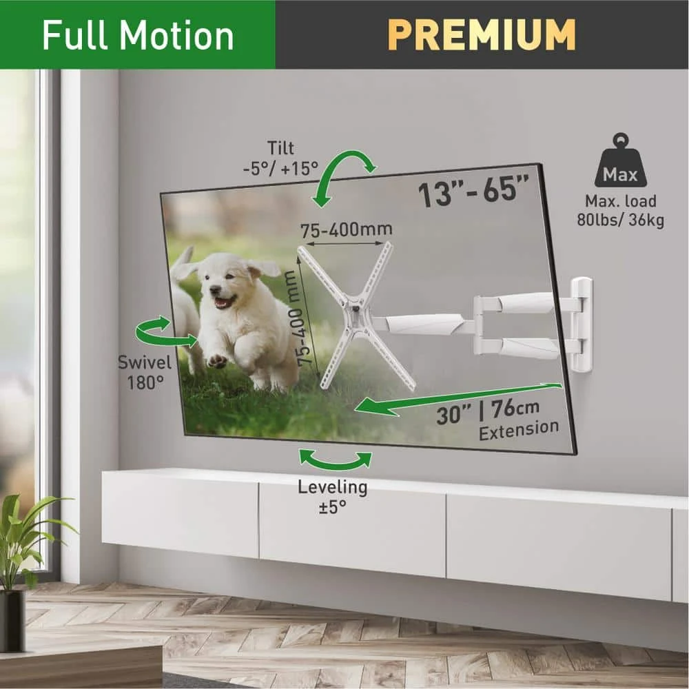 Barkan 13 in. to 65 in. Full Motion - 4 Movement Extra Long Flat/Curved TV Wall Mount in White Extremely Extendable by Barkan a Better Point of View 2 Barkan 13 in. to 65 in. Full Motion - 4 Movement Extra Long Flat/Curved TV Wall Mount in White Extremely Extendable by Barkan a Better Point of View - Image 2