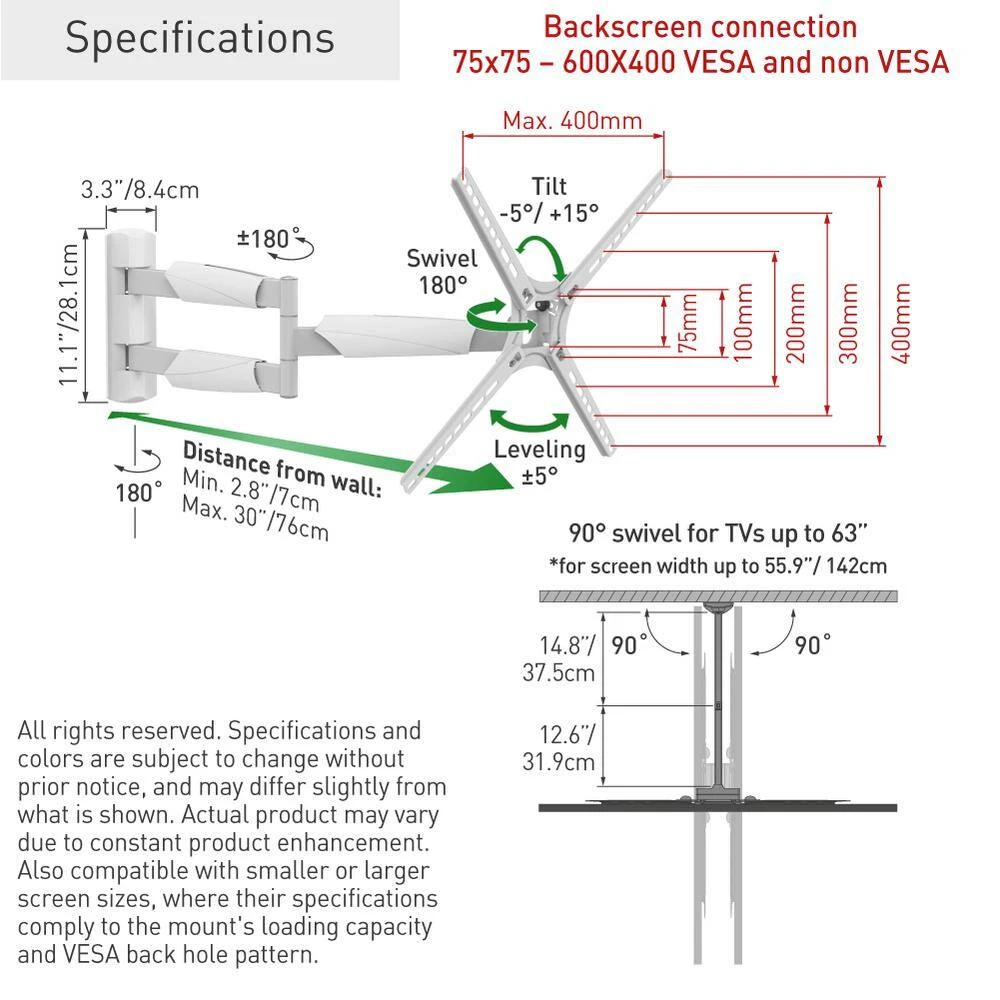 Barkan 13 in. to 65 in. Full Motion - 4 Movement Extra Long Flat/Curved TV Wall Mount in White Extremely Extendable by Barkan a Better Point of View 9 Barkan 13 in. to 65 in. Full Motion - 4 Movement Extra Long Flat/Curved TV Wall Mount in White Extremely Extendable by Barkan a Better Point of View - Image 9