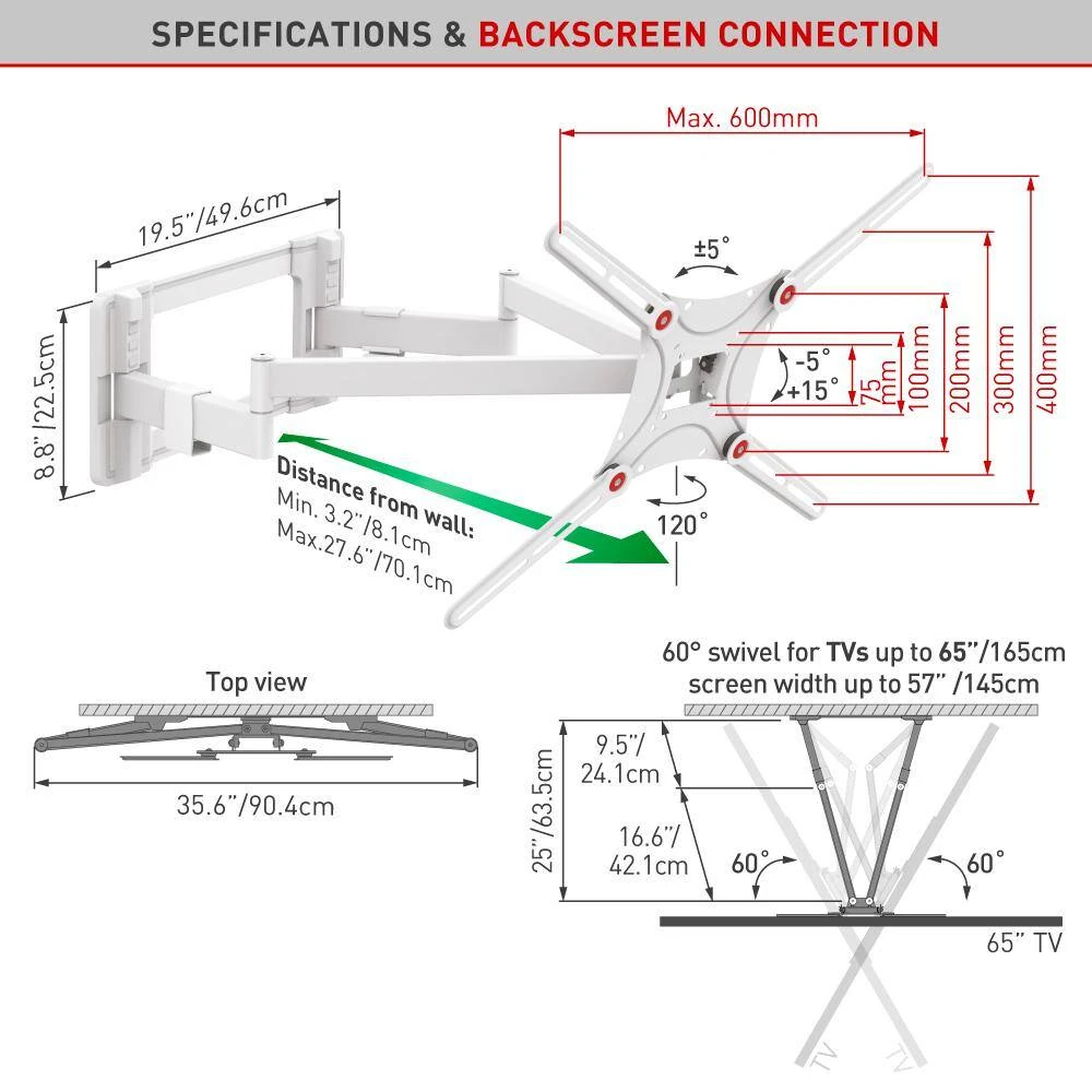 Barkan 13 in. to 90 in. Full Motion - 4 Movement Long Dual Arm Flat/Curved TV Wall Mount White Extremely Extendable by Barkan a Better Point of View 6 Barkan 13 in. to 90 in. Full Motion - 4 Movement Long Dual Arm Flat/Curved TV Wall Mount White Extremely Extendable by Barkan a Better Point of View - Image 6