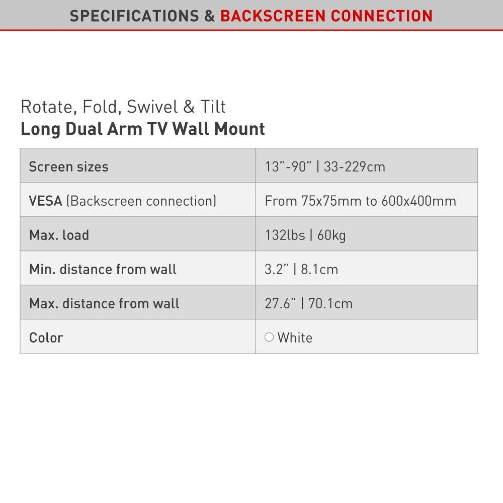 Barkan 13 in. to 90 in. Full Motion - 4 Movement Long Dual Arm Flat/Curved TV Wall Mount White Extremely Extendable by Barkan a Better Point of View 7 Barkan 13 in. to 90 in. Full Motion - 4 Movement Long Dual Arm Flat/Curved TV Wall Mount White Extremely Extendable by Barkan a Better Point of View - Image 7