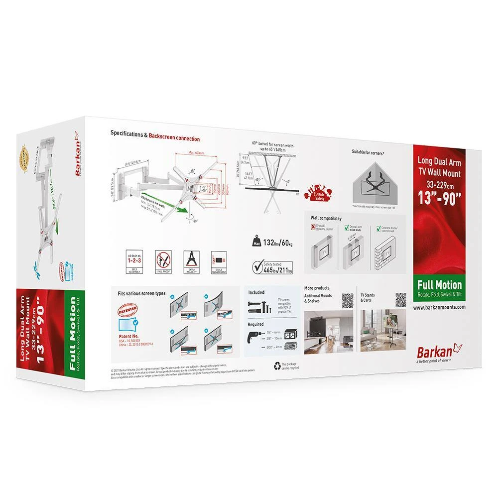 Barkan 13 in. to 90 in. Full Motion - 4 Movement Long Dual Arm Flat/Curved TV Wall Mount White Extremely Extendable by Barkan a Better Point of View 9 Barkan 13 in. to 90 in. Full Motion - 4 Movement Long Dual Arm Flat/Curved TV Wall Mount White Extremely Extendable by Barkan a Better Point of View - Image 9