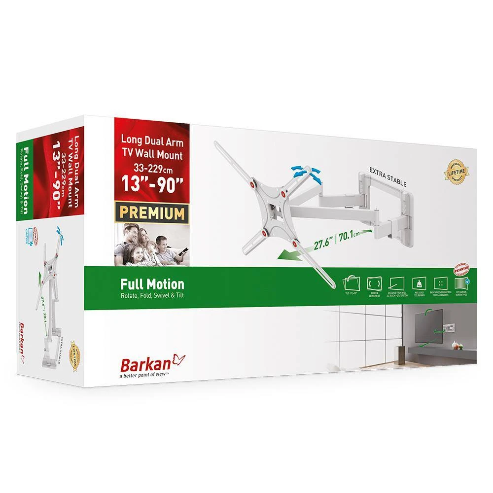 Barkan 13 in. to 90 in. Full Motion - 4 Movement Long Dual Arm Flat/Curved TV Wall Mount White Extremely Extendable by Barkan a Better Point of View 8 Barkan 13 in. to 90 in. Full Motion - 4 Movement Long Dual Arm Flat/Curved TV Wall Mount White Extremely Extendable by Barkan a Better Point of View - Image 8