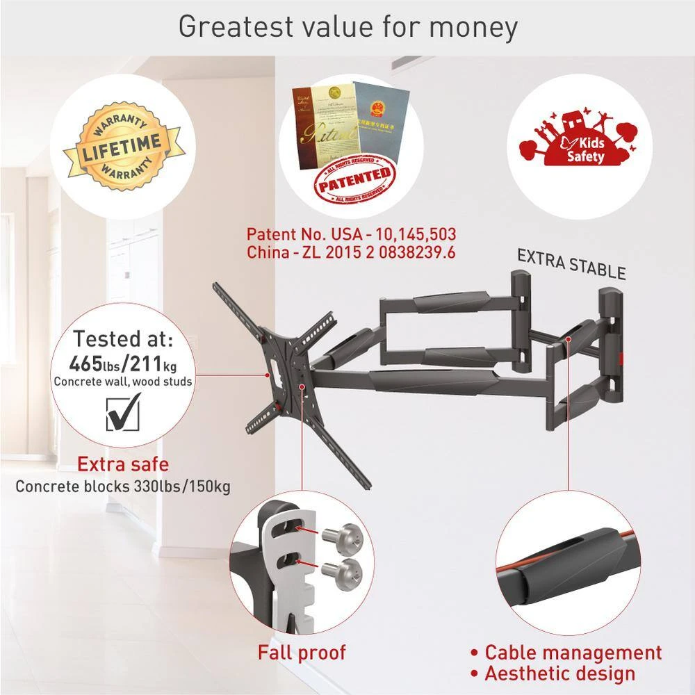 Barkan 13 in. x 90 in. Full Motion 4 Movement Extra Long and Stable Premium Flat/Curved TV Wall Mount Black by Barkan a Better Point of View 3 Barkan 13 in. x 90 in. Full Motion 4 Movement Extra Long and Stable Premium Flat/Curved TV Wall Mount Black by Barkan a Better Point of View - Image 3