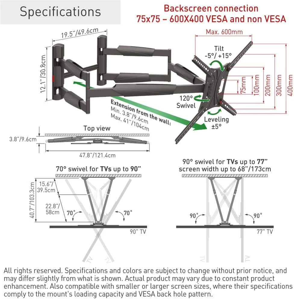 Barkan 13 in. x 90 in. Full Motion 4 Movement Extra Long and Stable Premium Flat/Curved TV Wall Mount Black by Barkan a Better Point of View 9 Barkan 13 in. x 90 in. Full Motion 4 Movement Extra Long and Stable Premium Flat/Curved TV Wall Mount Black by Barkan a Better Point of View - Image 9