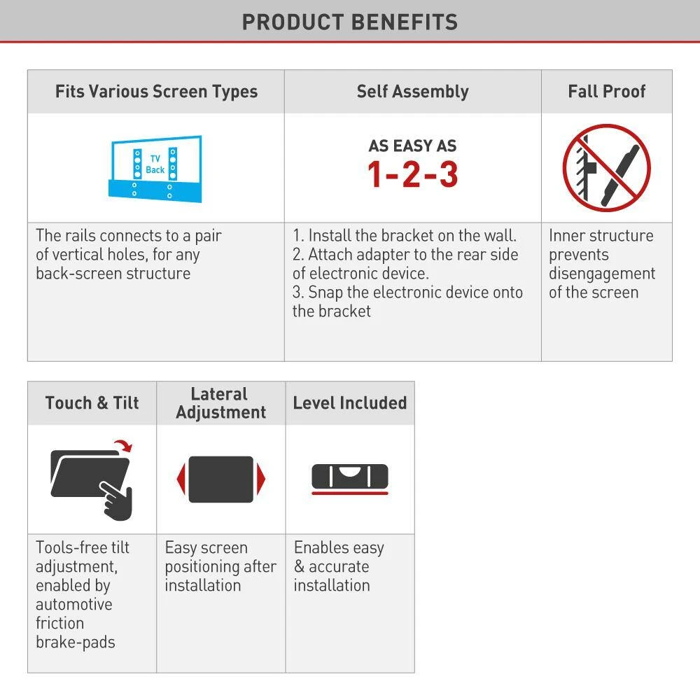 Barkan 13" to 60" Tilt TV Wall Mount + 6ft HDMI Cable, Black, Continuous Tilt, Bubble Level Included, Lateral Adjustment by Barkan a Better Point of View 3 Barkan 13" to 60" Tilt TV Wall Mount + 6ft HDMI Cable, Black, Continuous Tilt, Bubble Level Included, Lateral Adjustment by Barkan a Better Point of View - Image 3