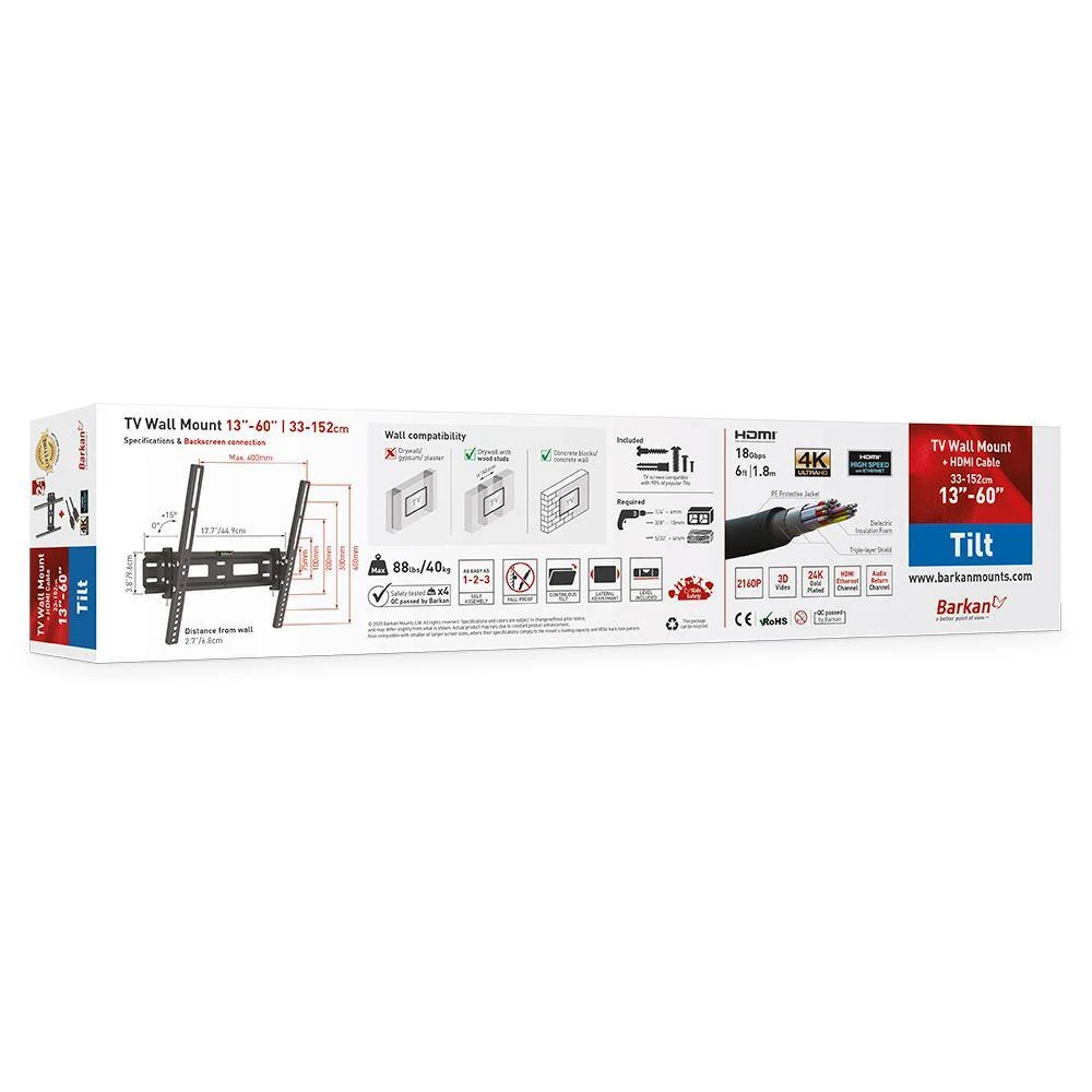 Barkan 13" to 60" Tilt TV Wall Mount + 6ft HDMI Cable, Black, Continuous Tilt, Bubble Level Included, Lateral Adjustment by Barkan a Better Point of View 4 Barkan 13" to 60" Tilt TV Wall Mount + 6ft HDMI Cable, Black, Continuous Tilt, Bubble Level Included, Lateral Adjustment by Barkan a Better Point of View - Image 4