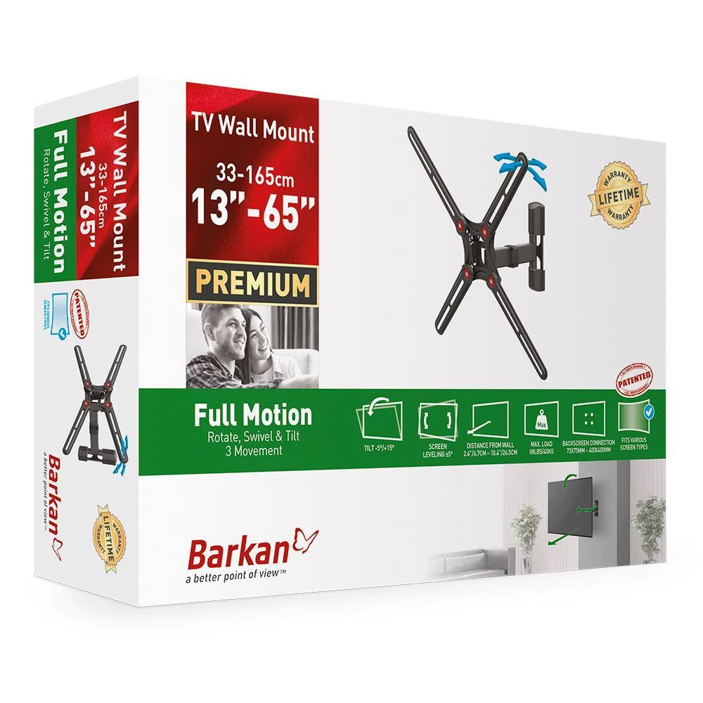Barkan 29" to 65" Full Motion - 3 Movement TV Wall Mount, Black, Touch & Tilt, Screen Leveling by Barkan a Better Point of View 6 Barkan 29" to 65" Full Motion - 3 Movement TV Wall Mount, Black, Touch & Tilt, Screen Leveling by Barkan a Better Point of View - Image 6
