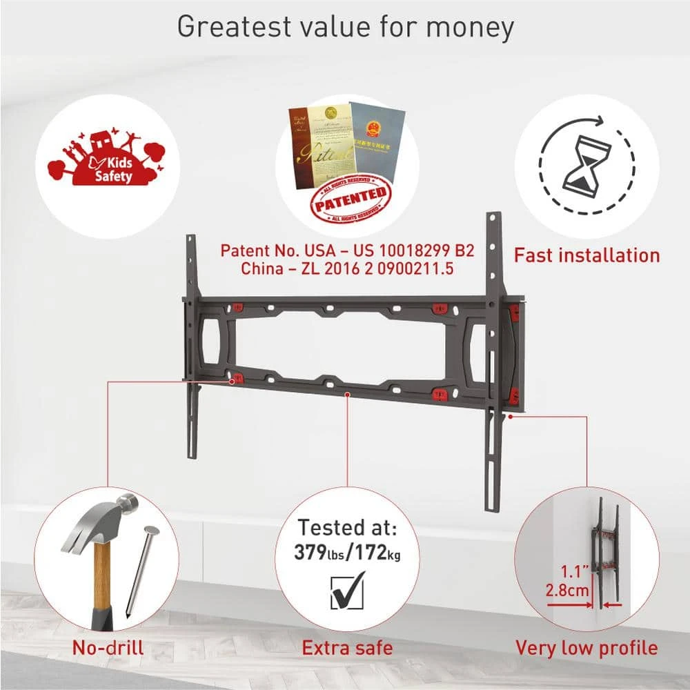 Barkan 29" to 75" Fixed No Stud Flat / Curved TV Wall Mount for Drywall, Black, No Drill, Very Low Profile by Barkan a Better Point of View 3 Barkan 29" to 75" Fixed No Stud Flat / Curved TV Wall Mount for Drywall, Black, No Drill, Very Low Profile by Barkan a Better Point of View - Image 3