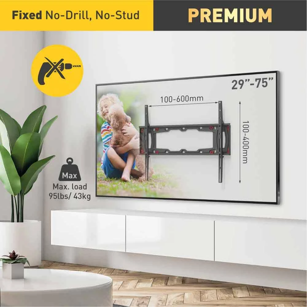 Barkan 29" to 75" Fixed No Stud Flat / Curved TV Wall Mount for Drywall, Black, No Drill, Very Low Profile by Barkan a Better Point of View 2 Barkan 29" to 75" Fixed No Stud Flat / Curved TV Wall Mount for Drywall, Black, No Drill, Very Low Profile by Barkan a Better Point of View - Image 2