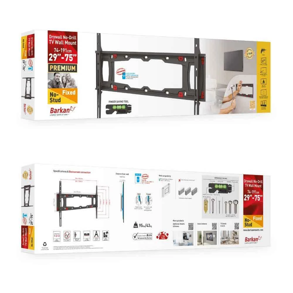 Barkan 29" to 75" Fixed No Stud Flat / Curved TV Wall Mount for Drywall, Black, No Drill, Very Low Profile by Barkan a Better Point of View 9 Barkan 29" to 75" Fixed No Stud Flat / Curved TV Wall Mount for Drywall, Black, No Drill, Very Low Profile by Barkan a Better Point of View - Image 9