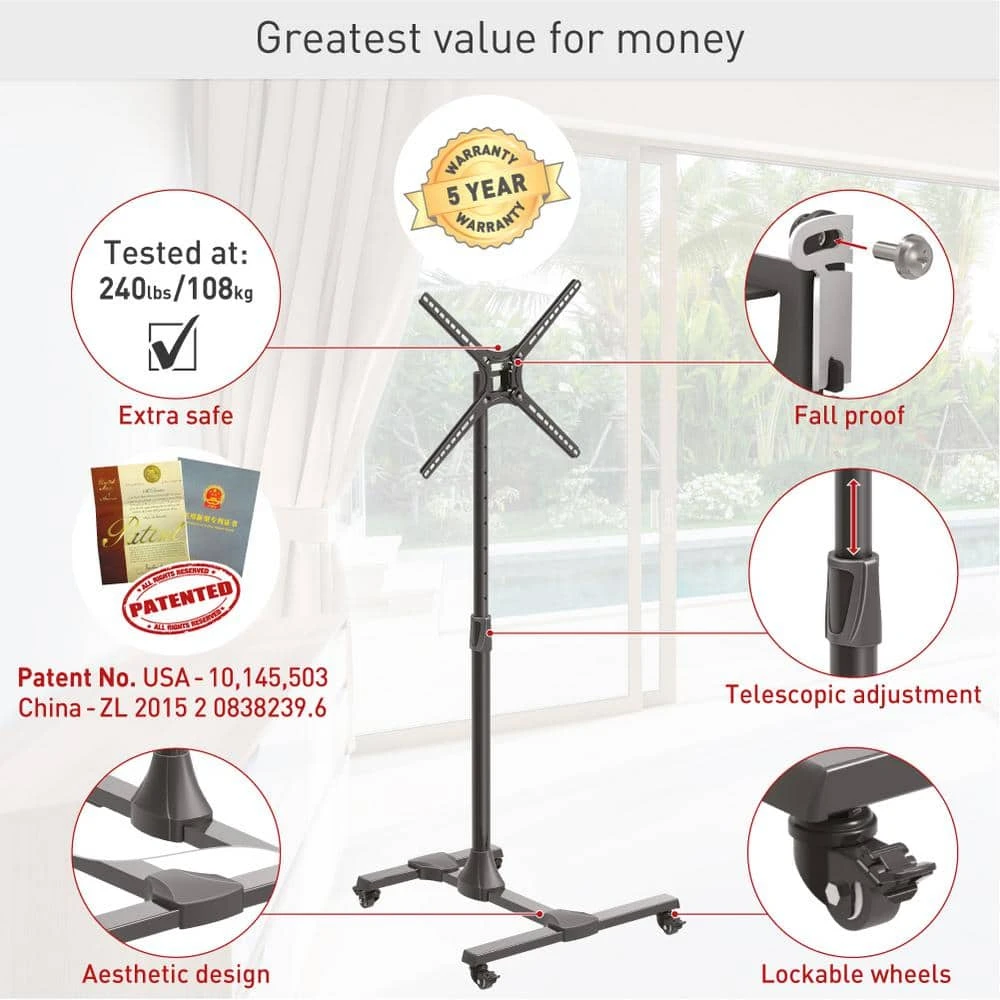 Barkan 13 in.- 65 in. Tilt Mobile TV Mount Cart Black Patented to Fit Various Screen Types Fall Proof by Barkan a Better Point of View 3 Barkan 13 in.- 65 in. Tilt Mobile TV Mount Cart Black Patented to Fit Various Screen Types Fall Proof by Barkan a Better Point of View - Image 3