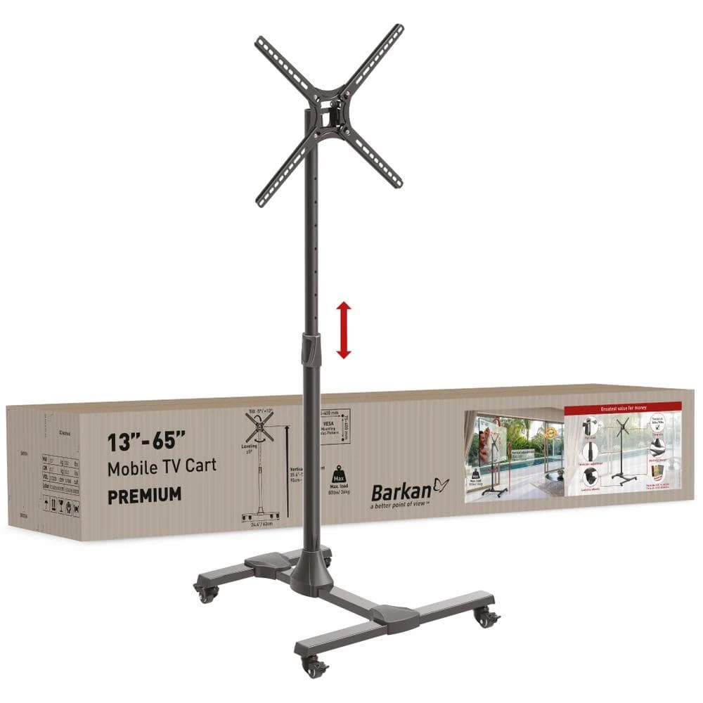 Barkan 13 in.- 65 in. Tilt Mobile TV Mount Cart Black Patented to Fit Various Screen Types Fall Proof by Barkan a Better Point of View 1 Barkan 13 in.- 65 in. Tilt Mobile TV Mount Cart Black Patented to Fit Various Screen Types Fall Proof by Barkan a Better Point of View