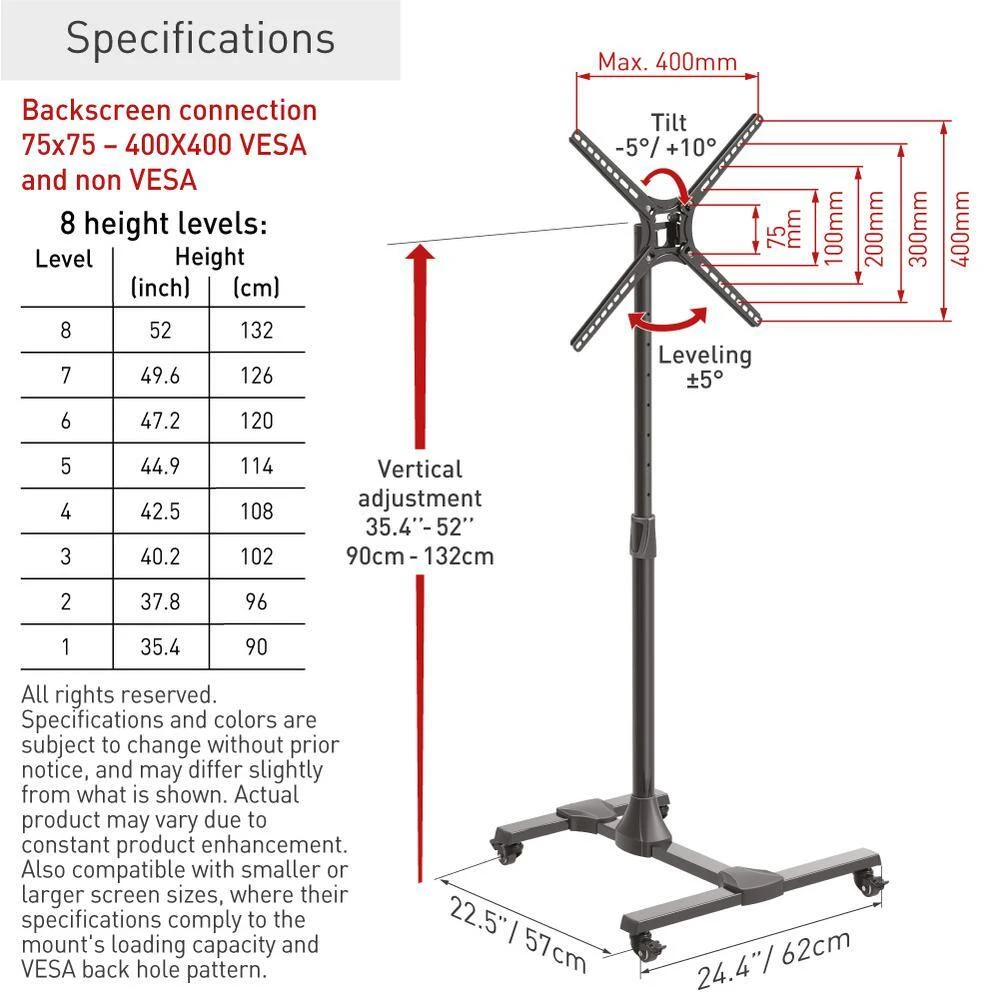 Barkan 13 in.- 65 in. Tilt Mobile TV Mount Cart Black Patented to Fit Various Screen Types Fall Proof by Barkan a Better Point of View 4 Barkan 13 in.- 65 in. Tilt Mobile TV Mount Cart Black Patented to Fit Various Screen Types Fall Proof by Barkan a Better Point of View - Image 4