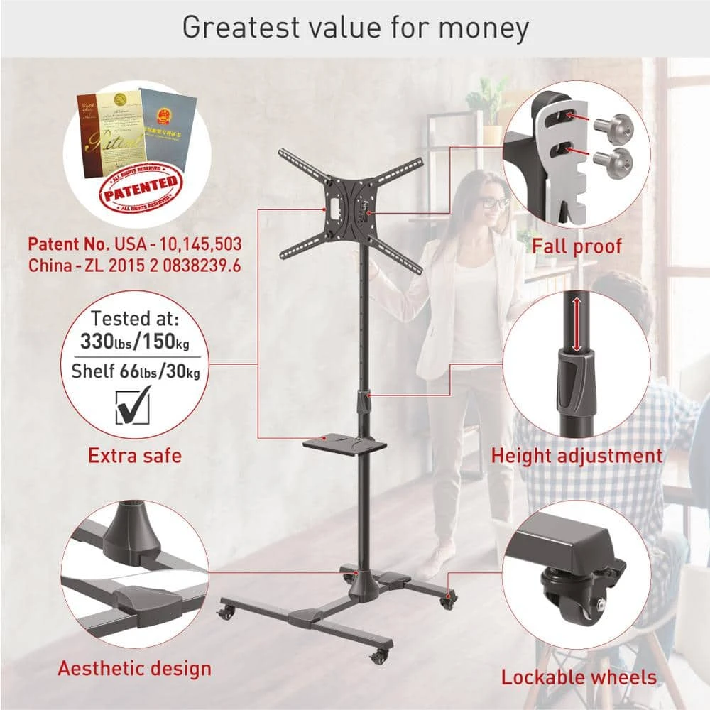 Barkan 13 - 83 in. Tilt Mobile TV Mount Cart with Metal Shelf Black Patented to Fit Various Screen Types Fall Proof by Barkan a Better Point of View 3 Barkan 13 - 83 in. Tilt Mobile TV Mount Cart with Metal Shelf Black Patented to Fit Various Screen Types Fall Proof by Barkan a Better Point of View - Image 3