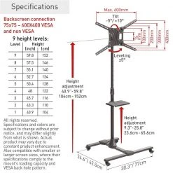 Barkan 13 - 83 in. Tilt Mobile TV Mount Cart with Metal Shelf Black Patented to Fit Various Screen Types Fall Proof by Barkan a Better Point of View 17 Barkan 13 - 83 in. Tilt Mobile TV Mount Cart with Metal Shelf Black Patented to Fit Various Screen Types Fall Proof by Barkan a Better Point of View -Electro Gear Shop barkan a better point of view tv mounts sw411h 44 1000
