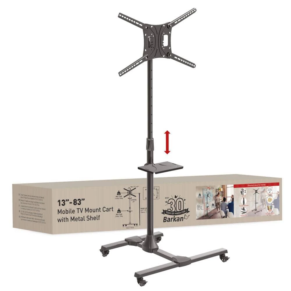 Barkan 13 - 83 in. Tilt Mobile TV Mount Cart with Metal Shelf Black Patented to Fit Various Screen Types Fall Proof by Barkan a Better Point of View 1 Barkan 13 - 83 in. Tilt Mobile TV Mount Cart with Metal Shelf Black Patented to Fit Various Screen Types Fall Proof by Barkan a Better Point of View