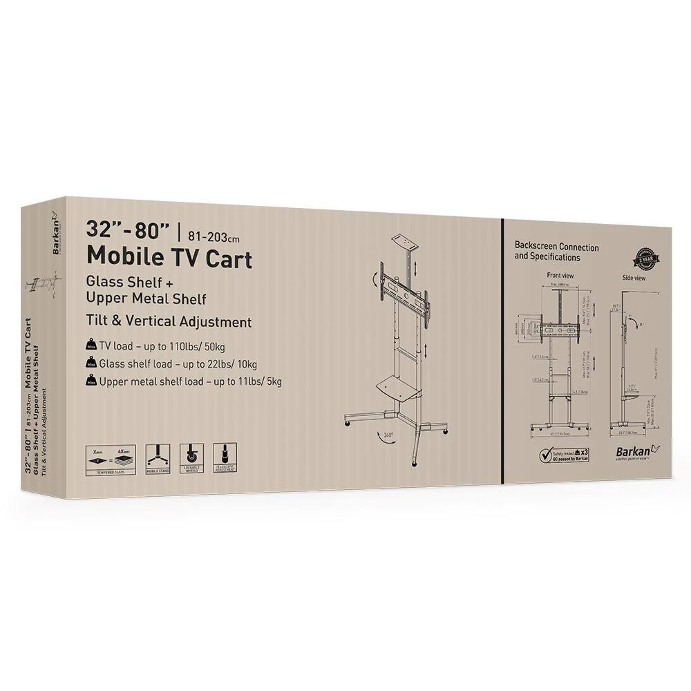 Barkan 32" to 80" Tilt & Vertical Adjustment Mobile TV Cart with 2 Shelves, Black, Tempered Glass, Lockable wheels by Barkan a Better Point of View 8 Barkan 32" to 80" Tilt & Vertical Adjustment Mobile TV Cart with 2 Shelves, Black, Tempered Glass, Lockable wheels by Barkan a Better Point of View - Image 8
