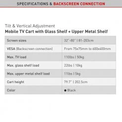 Barkan 32" to 80" Tilt & Vertical Adjustment Mobile TV Cart with 2 Shelves, Black, Tempered Glass, Lockable wheels by Barkan a Better Point of View 15 Barkan 32" to 80" Tilt & Vertical Adjustment Mobile TV Cart with 2 Shelves, Black, Tempered Glass, Lockable wheels by Barkan a Better Point of View -Electro Gear Shop barkan a better point of view tv mounts sw452 b 4f 1000