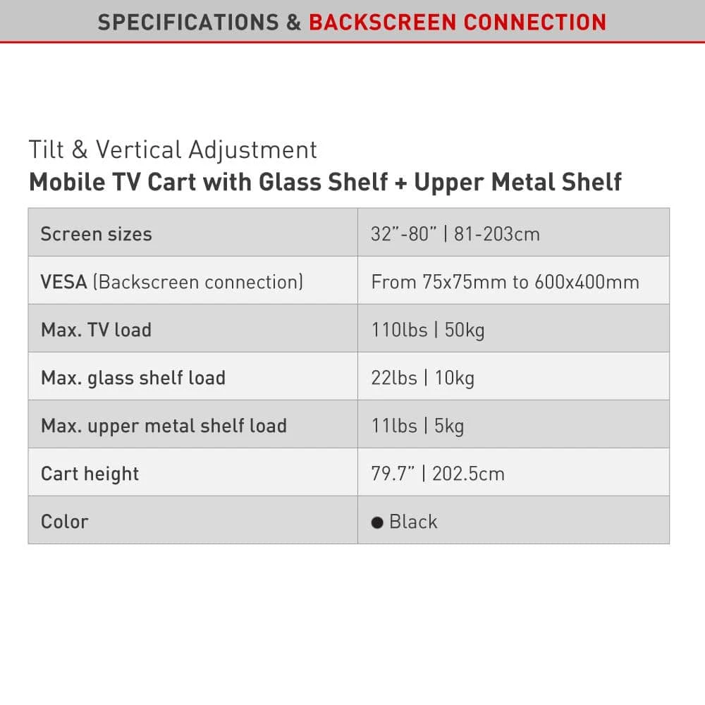 Barkan 32" to 80" Tilt & Vertical Adjustment Mobile TV Cart with 2 Shelves, Black, Tempered Glass, Lockable wheels by Barkan a Better Point of View 6 Barkan 32" to 80" Tilt & Vertical Adjustment Mobile TV Cart with 2 Shelves, Black, Tempered Glass, Lockable wheels by Barkan a Better Point of View - Image 6