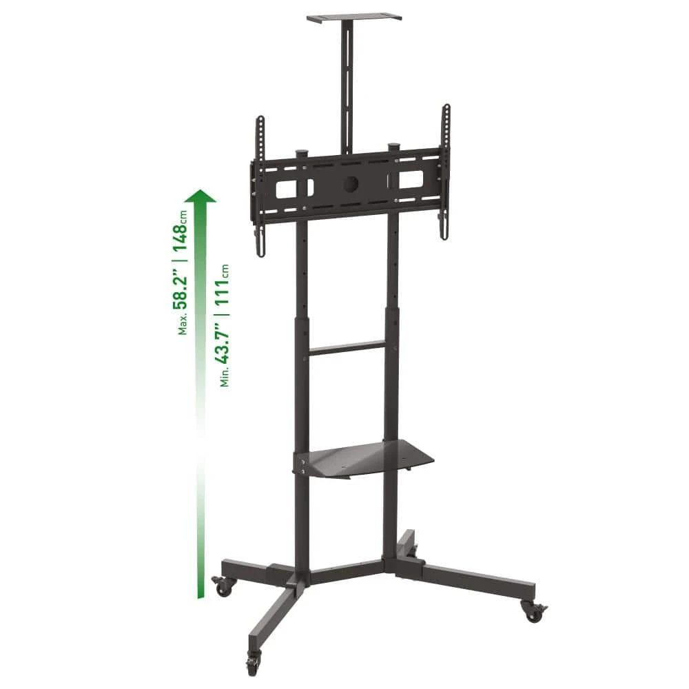 Barkan 32" to 80" Tilt & Vertical Adjustment Mobile TV Cart with 2 Shelves, Black, Tempered Glass, Lockable wheels by Barkan a Better Point of View 1 Barkan 32" to 80" Tilt & Vertical Adjustment Mobile TV Cart with 2 Shelves, Black, Tempered Glass, Lockable wheels by Barkan a Better Point of View