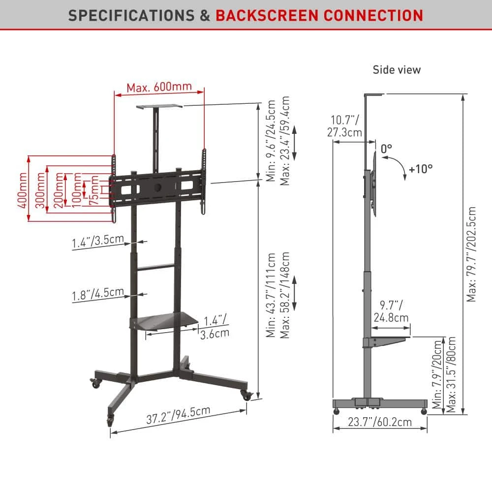 Barkan 32" to 80" Tilt & Vertical Adjustment Mobile TV Cart with 2 Shelves, Black, Tempered Glass, Lockable wheels by Barkan a Better Point of View 5 Barkan 32" to 80" Tilt & Vertical Adjustment Mobile TV Cart with 2 Shelves, Black, Tempered Glass, Lockable wheels by Barkan a Better Point of View - Image 5
