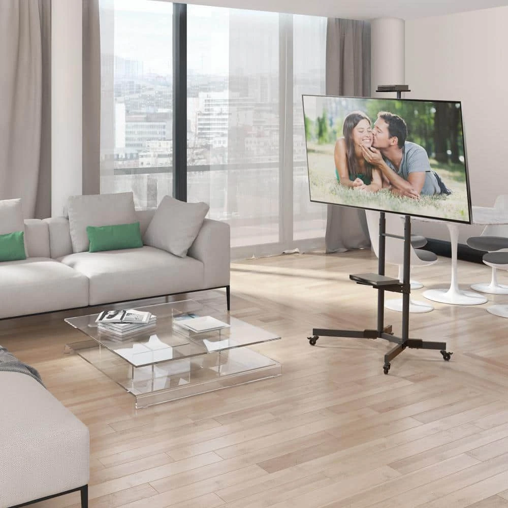 Barkan 32" to 80" Tilt & Vertical Adjustment Mobile TV Cart with 2 Shelves, Black, Tempered Glass, Lockable wheels by Barkan a Better Point of View 2 Barkan 32" to 80" Tilt & Vertical Adjustment Mobile TV Cart with 2 Shelves, Black, Tempered Glass, Lockable wheels by Barkan a Better Point of View - Image 2