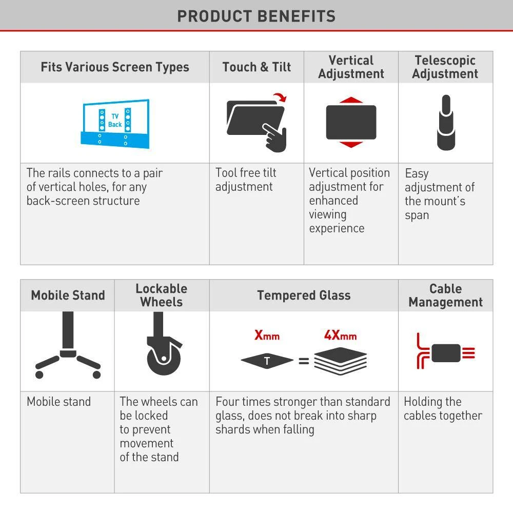 Barkan 32" to 80" Tilt & Vertical Adjustment Mobile TV Cart with 2 Shelves, Black, Tempered Glass, Lockable wheels by Barkan a Better Point of View 9 Barkan 32" to 80" Tilt & Vertical Adjustment Mobile TV Cart with 2 Shelves, Black, Tempered Glass, Lockable wheels by Barkan a Better Point of View - Image 9