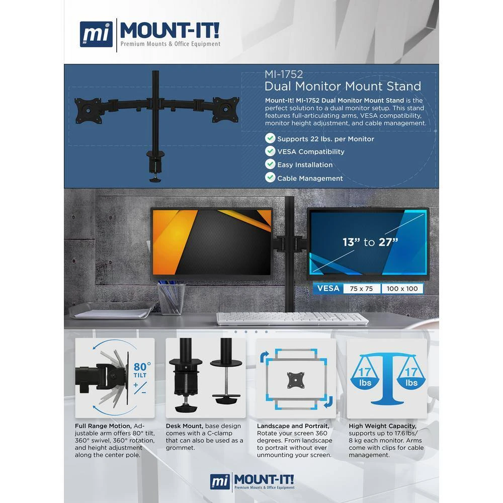 13 in. to 27 in. Full Motion Dual Monitor Desk Mount for Screens by mount-it! 6 13 in. to 27 in. Full Motion Dual Monitor Desk Mount for Screens by mount-it! - Image 6