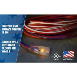 50 ft. 12/3 SJTW USA Outdoor Heavy-Duty Extension Cord with Power Light Plug by Southwire -Electro Gear Shop red white blue southwire general purpose cords 2548swusa1 40 1000