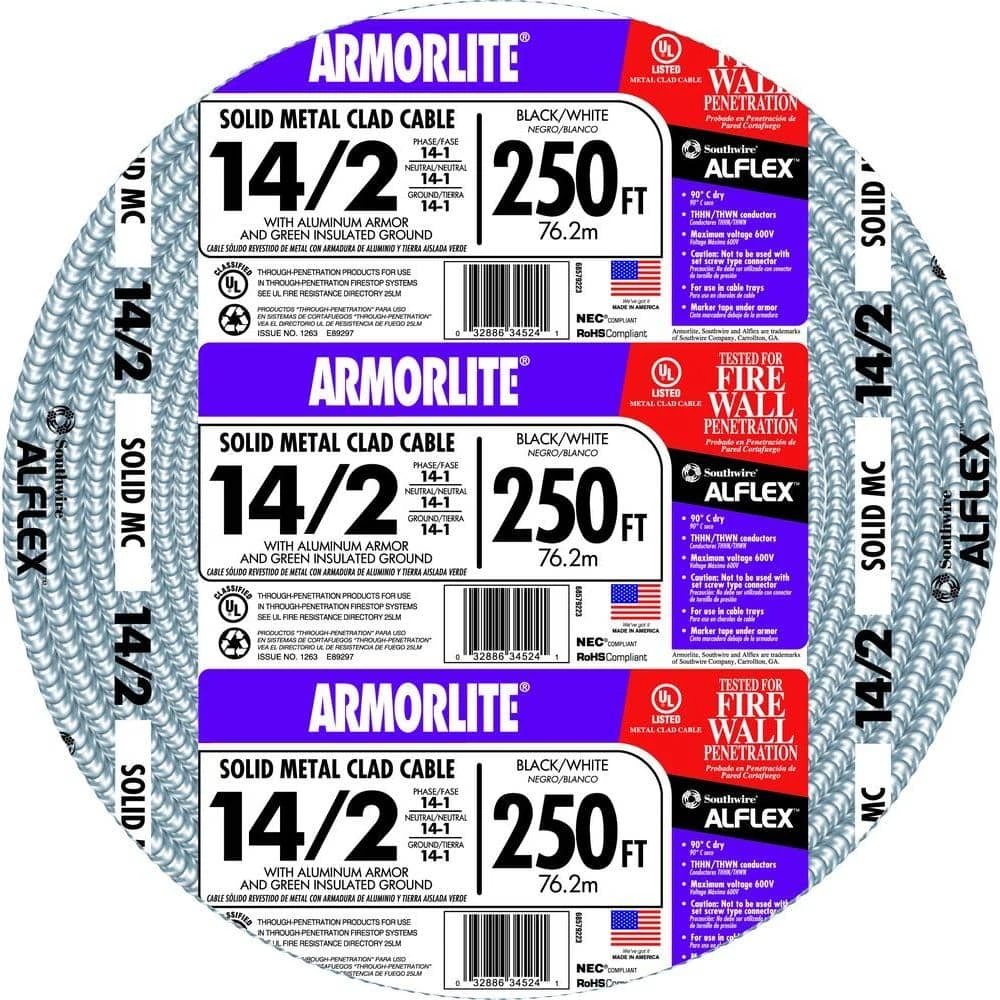 14/2 x 250 ft. Solid CU MC (Metal Clad) Armorlite Cable by Southwire 1 14/2 x 250 ft. Solid CU MC (Metal Clad) Armorlite Cable by Southwire