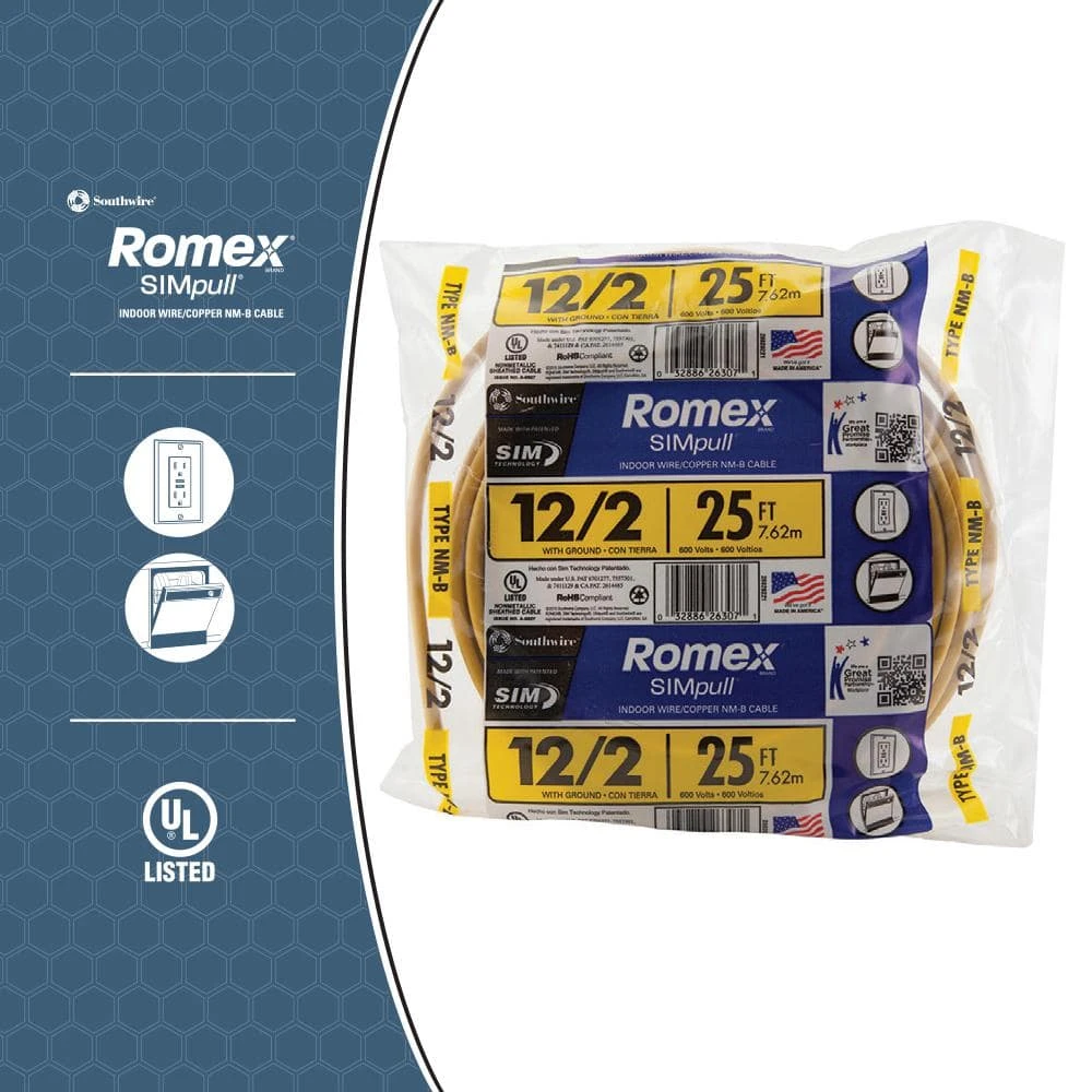 25 ft. 12/2 Solid Romex SIMpull CU NM-B W/G Wire by Southwire 4 25 ft. 12/2 Solid Romex SIMpull CU NM-B W/G Wire by Southwire - Image 4